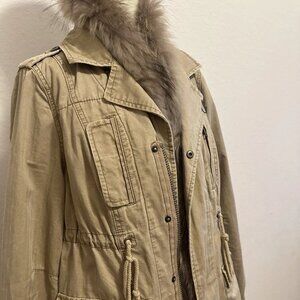 We the Free Free People Real Fox Fur Trimmed Tan Military Jacket, Sz: M (b22)